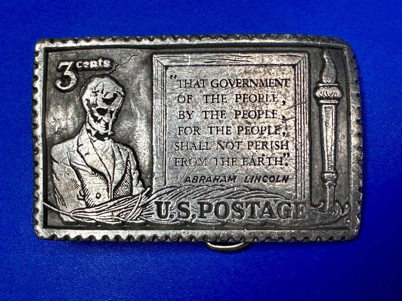 3 Cent Honest Abe Lincoln Stamp Collectors USA Patriotic Pewter Belt Buckle