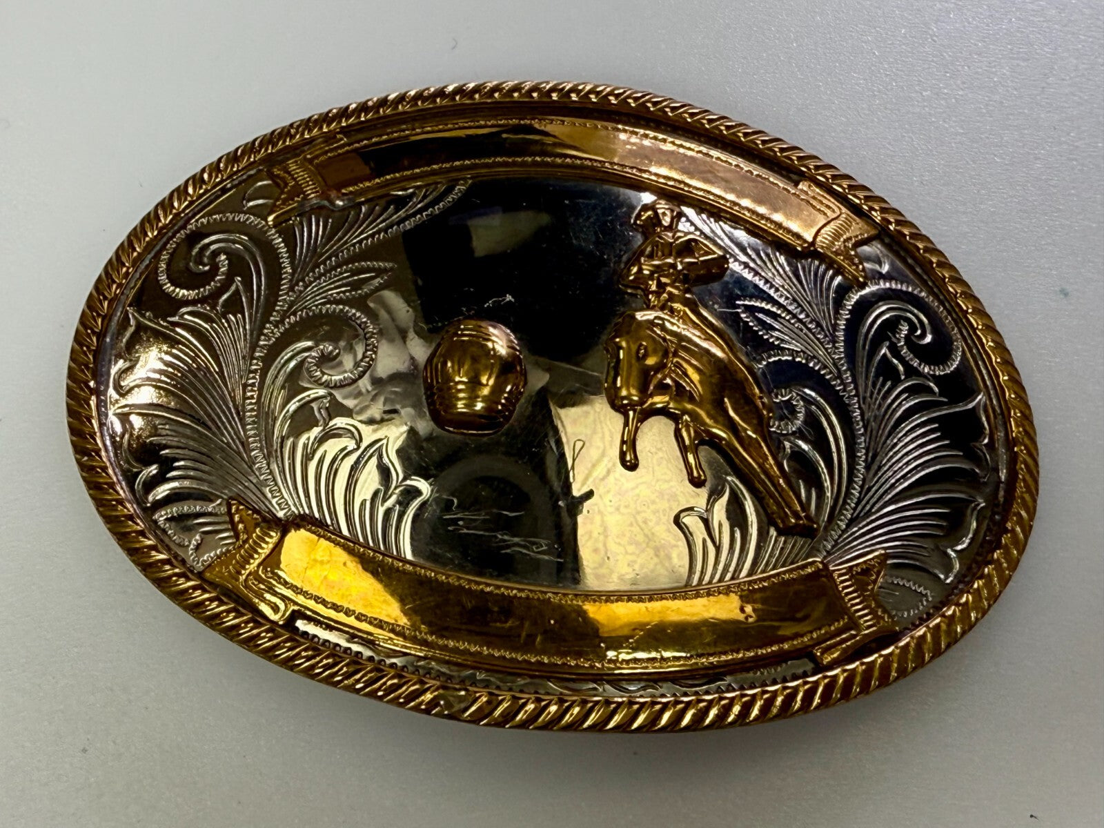 Vintage Barrel Racing Trophy Award Blank Ribbon Vtg. German Silver Belt Buckle