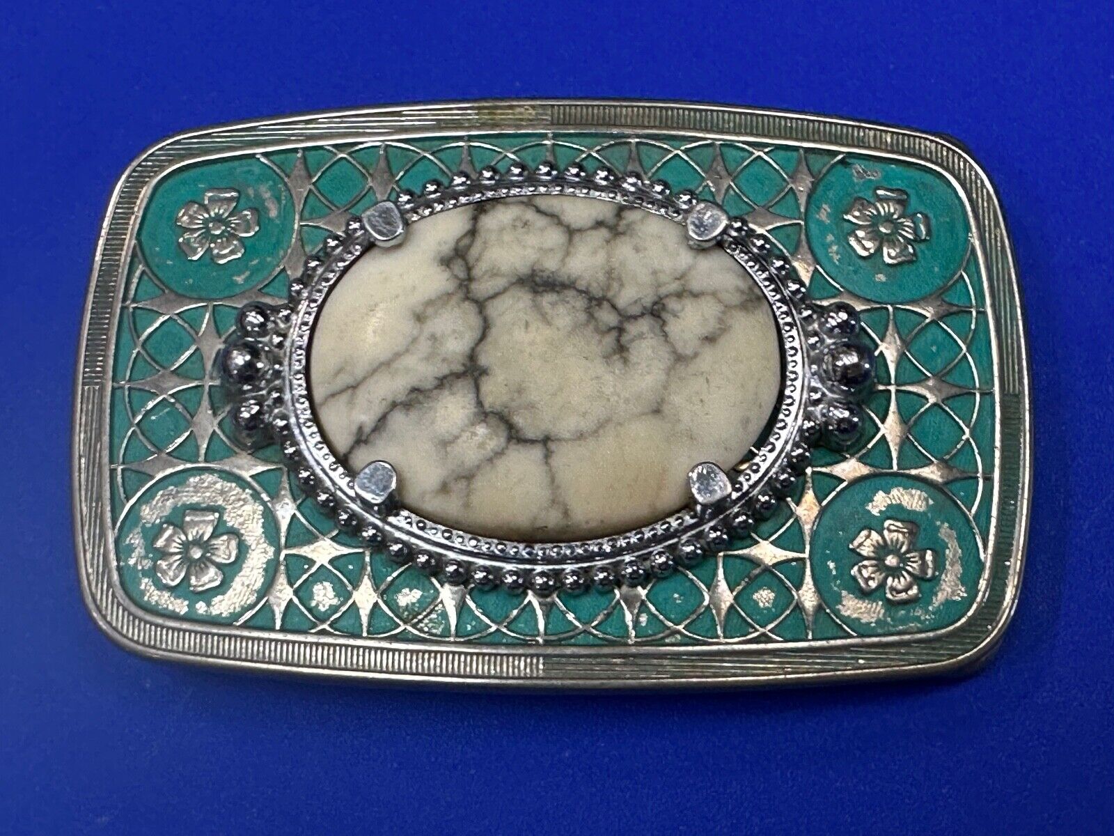vintage Magnesite cabochon cab stone centerpiece on western belt buckle