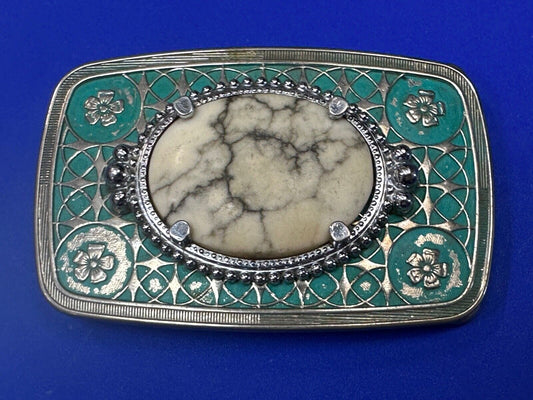 vintage Magnesite cabochon cab stone centerpiece on western belt buckle