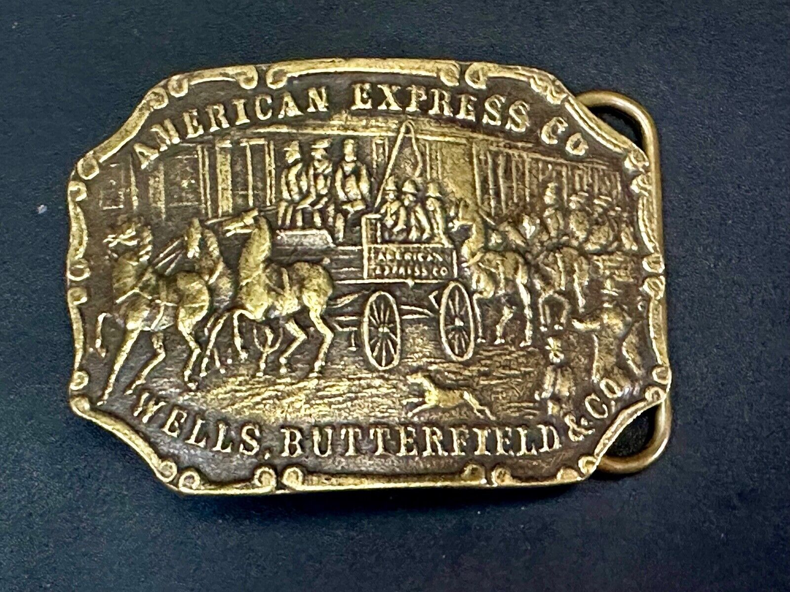 American Express Wells Butterfield stagecoach belt buckle - see back!
