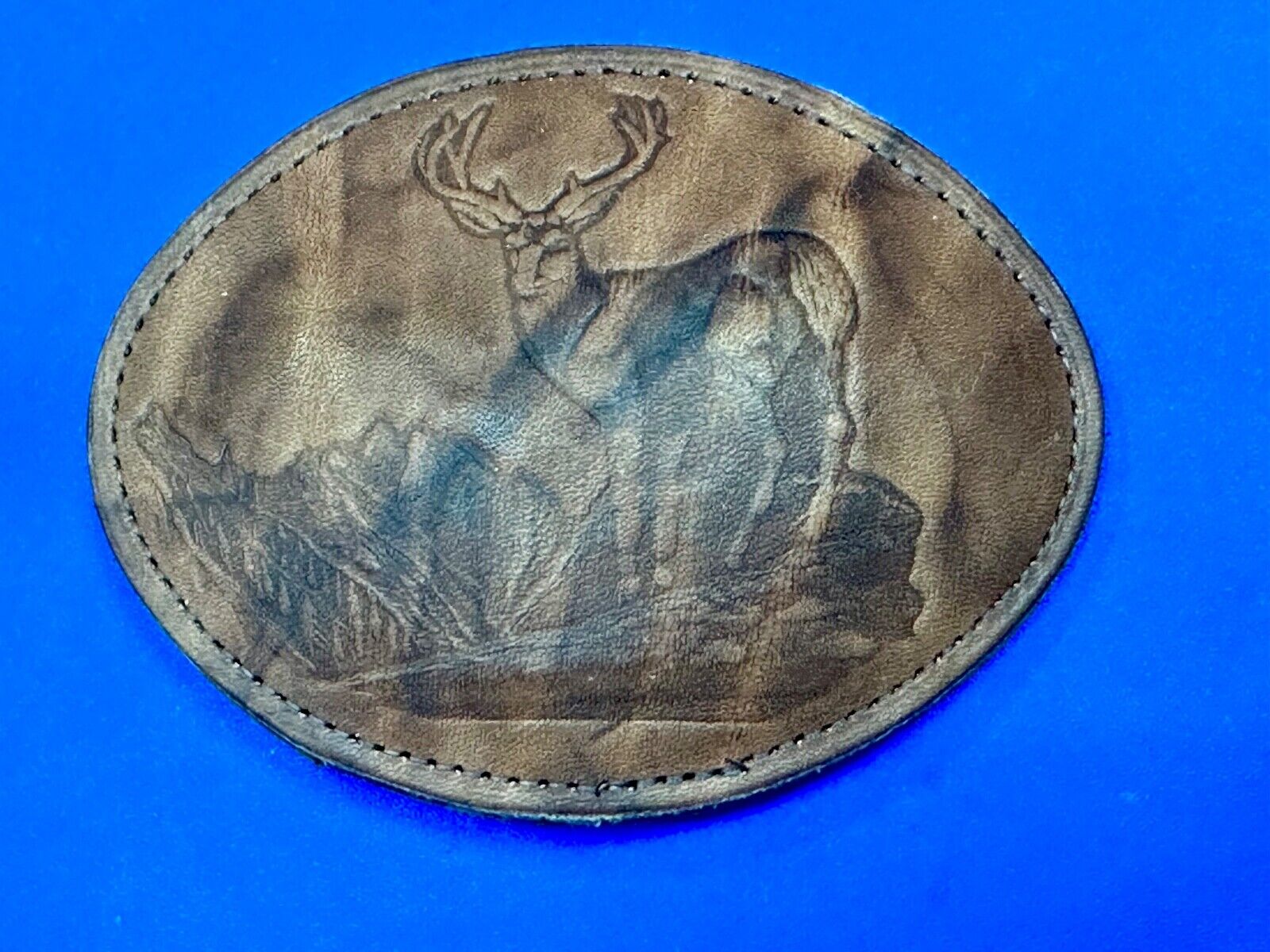 Vintage DEER in Nature, Hunters Leather oval LARGE belt buckle