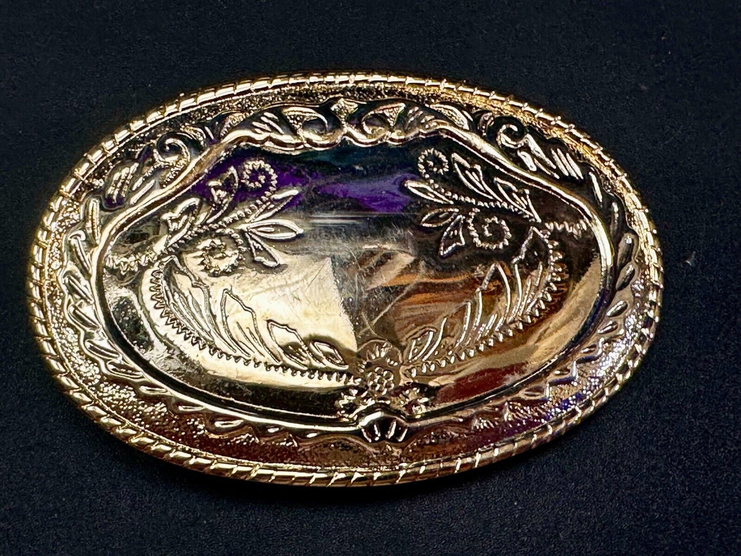 Vintage Flower Swirl Reflective Gold Tone Oval Replacement Belt Buckle