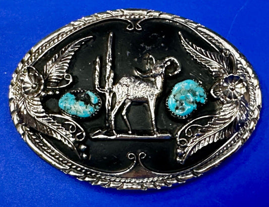 Bighorn Sheep Ram Mountain Goat Turquoise Stone Flower Leaf Western Belt Buckle