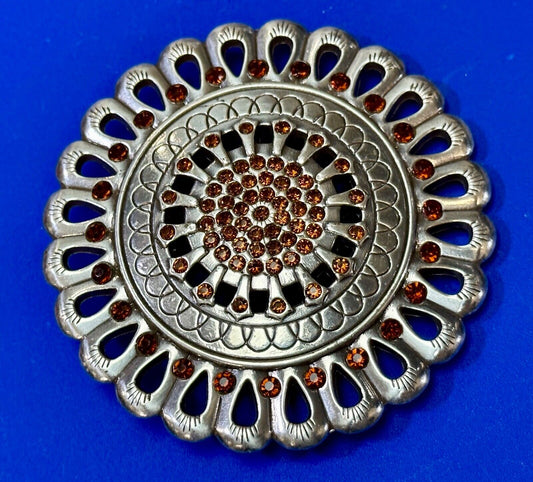 Vintage Flower shaped silver tone red rhinestone accented belt buckle