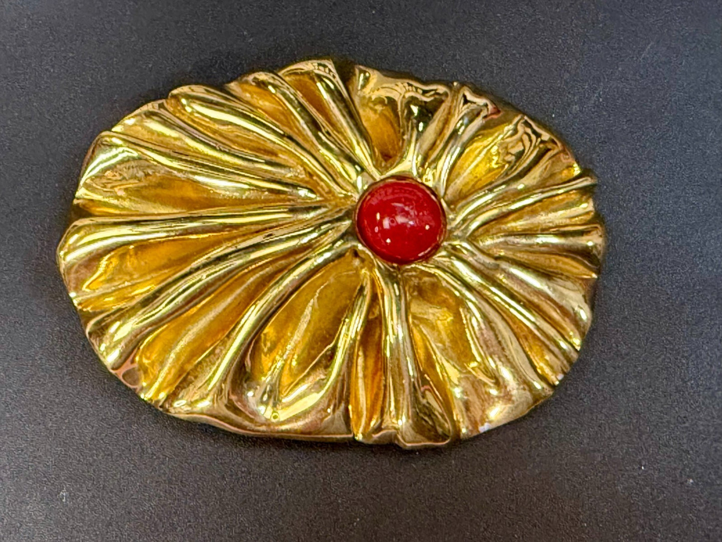 Antique Textured Metal W/ Centered Red Stone Gold Tone Belts by Lois Belt Buckle