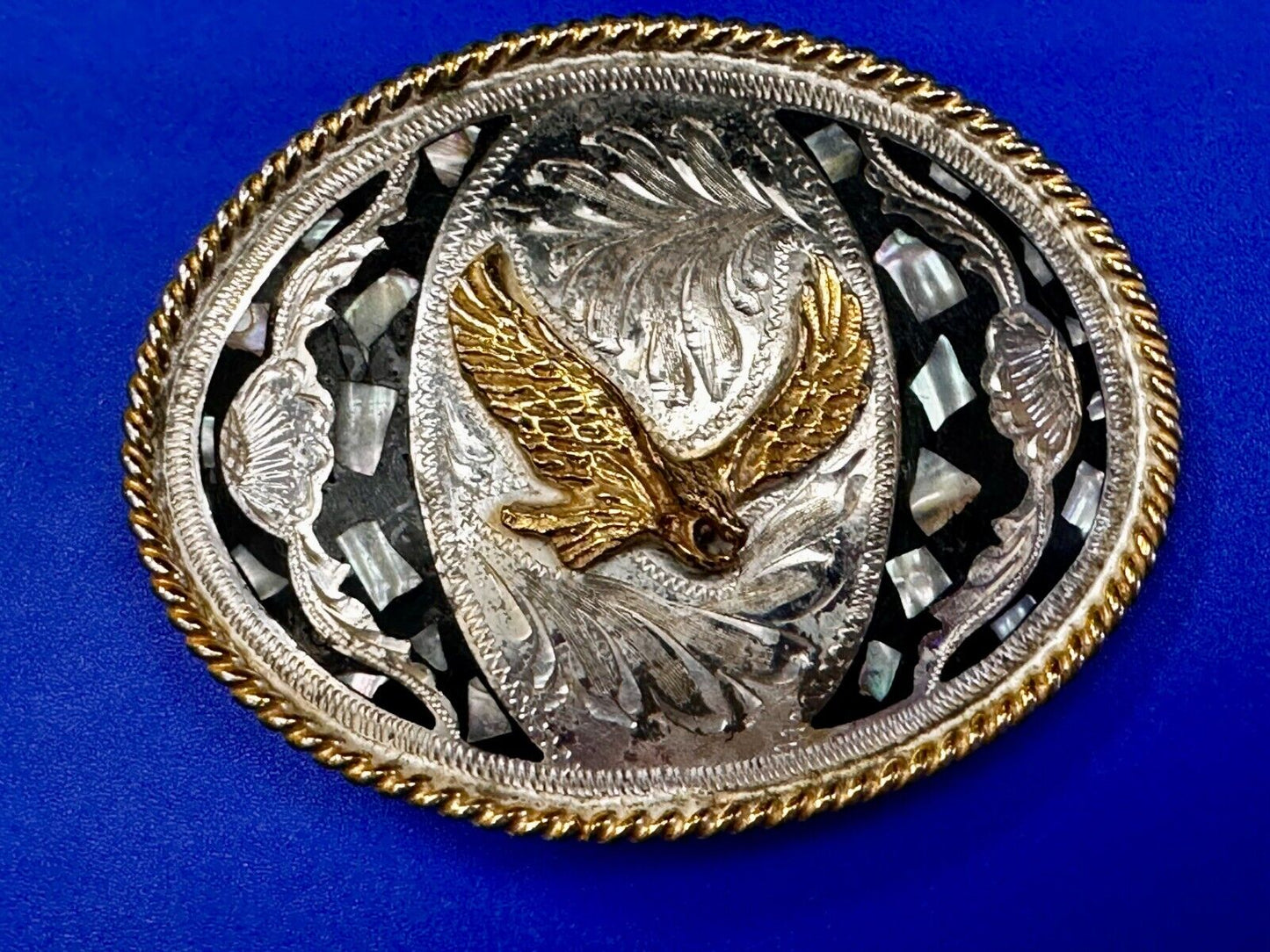 American Flying Hunting Eagle Abalone Shell Chunks Alpaca Mexico Belt Buckle
