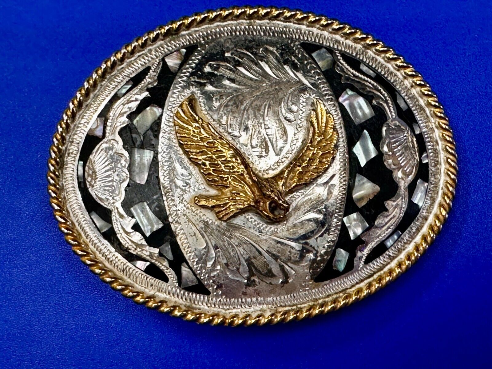 American Flying Hunting Eagle Abalone Shell Chunks Alpaca Mexico Belt Buckle