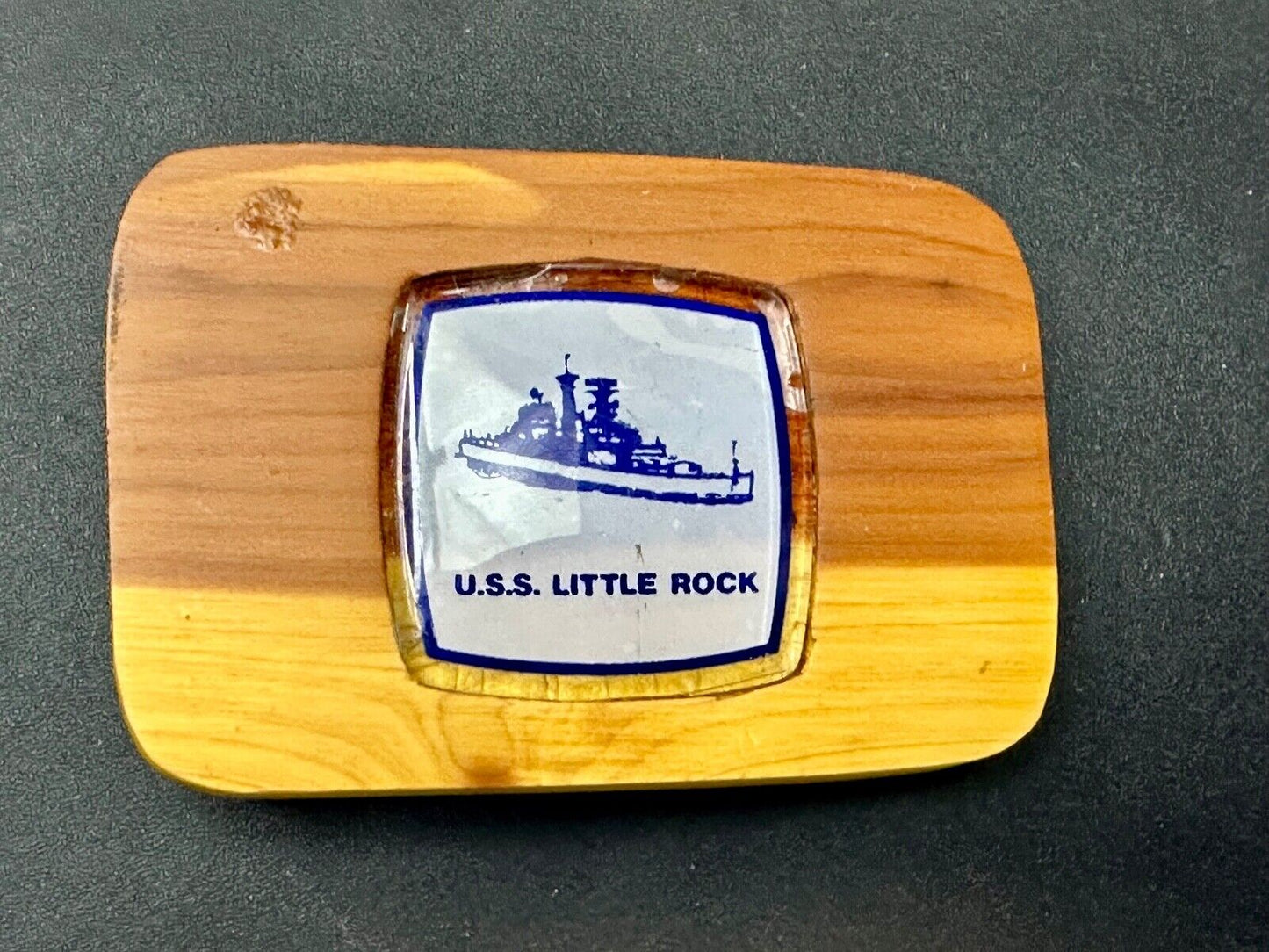 U.S.S Little Rock Combat Navy Ship Pin Custom Artisan Inlaid to Wood Belt Buckle