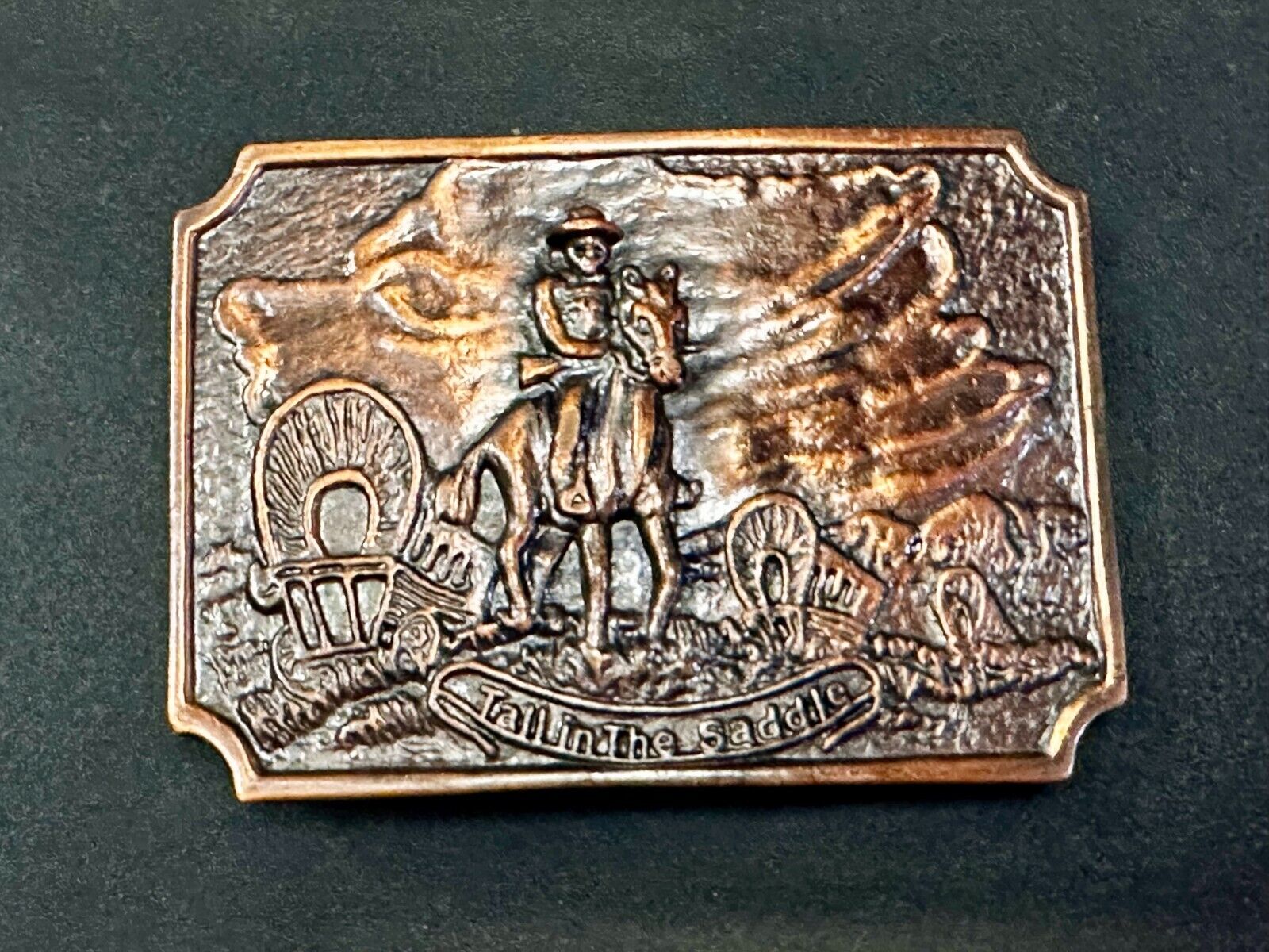 Tall in the Saddle Wagon Cowboy Horse Western Art Scene Vintage Belt Buckle
