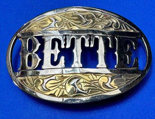 BETTE - custom name on western two tone cutout see through vintage belt buckle