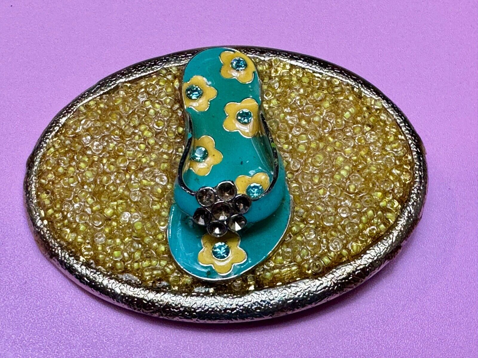unique flip flop on sand - beach girls artisan belt buckle - missing stones?