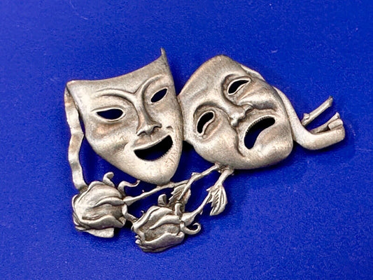 Theater Faces and Roses - Large JJ Signed silver tone vintage brooch pin