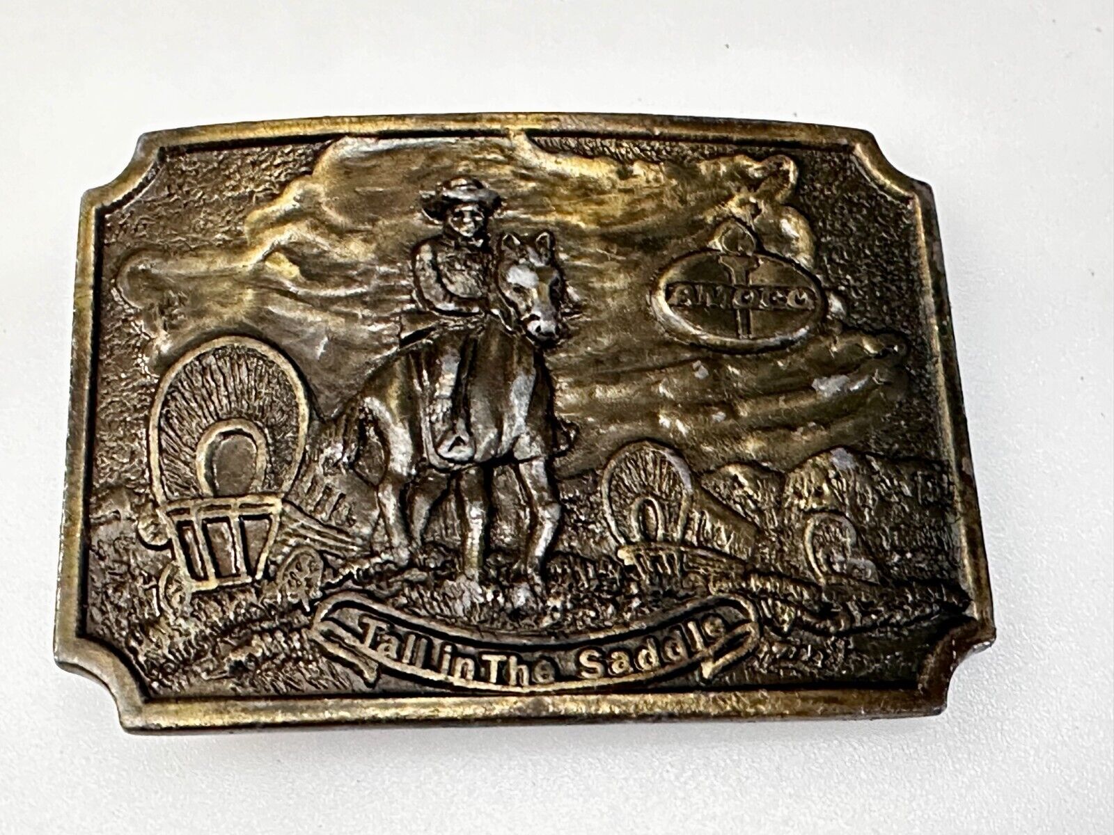 Amoco Oil Tall in the Saddle Wagon Brass Tone Western Cowboy Horse Belt Buckle