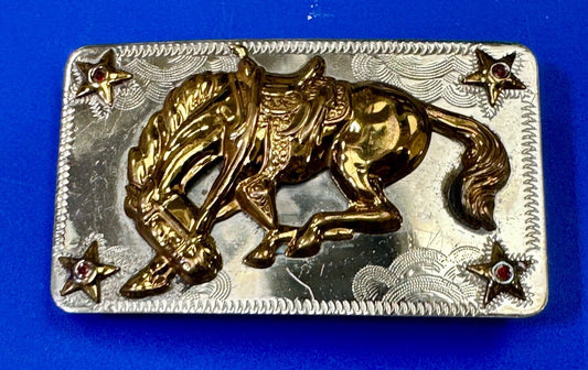 Vintage Horse w/  head down end of the trail Nickel Silver belt buckle w/ Stars