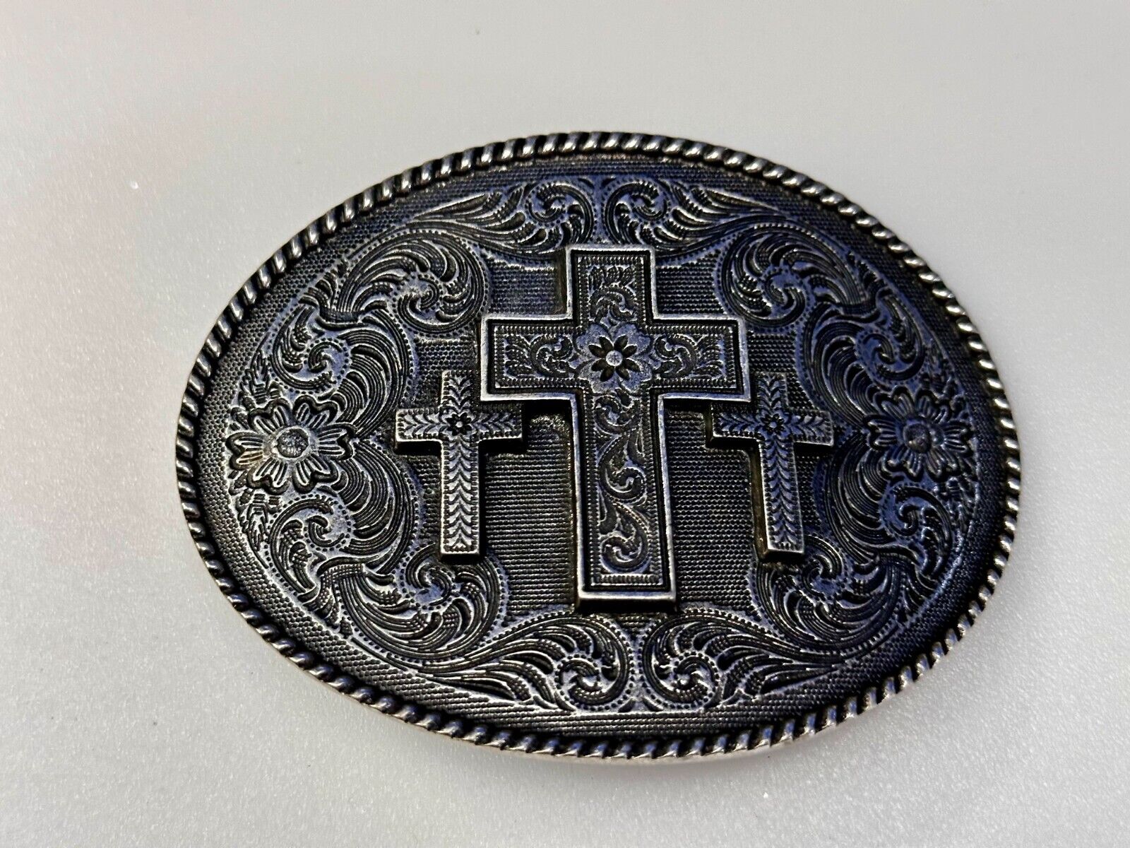 Three Cross Religious Faith Christian Flower Swirl Western Belt Buckle by Taylor