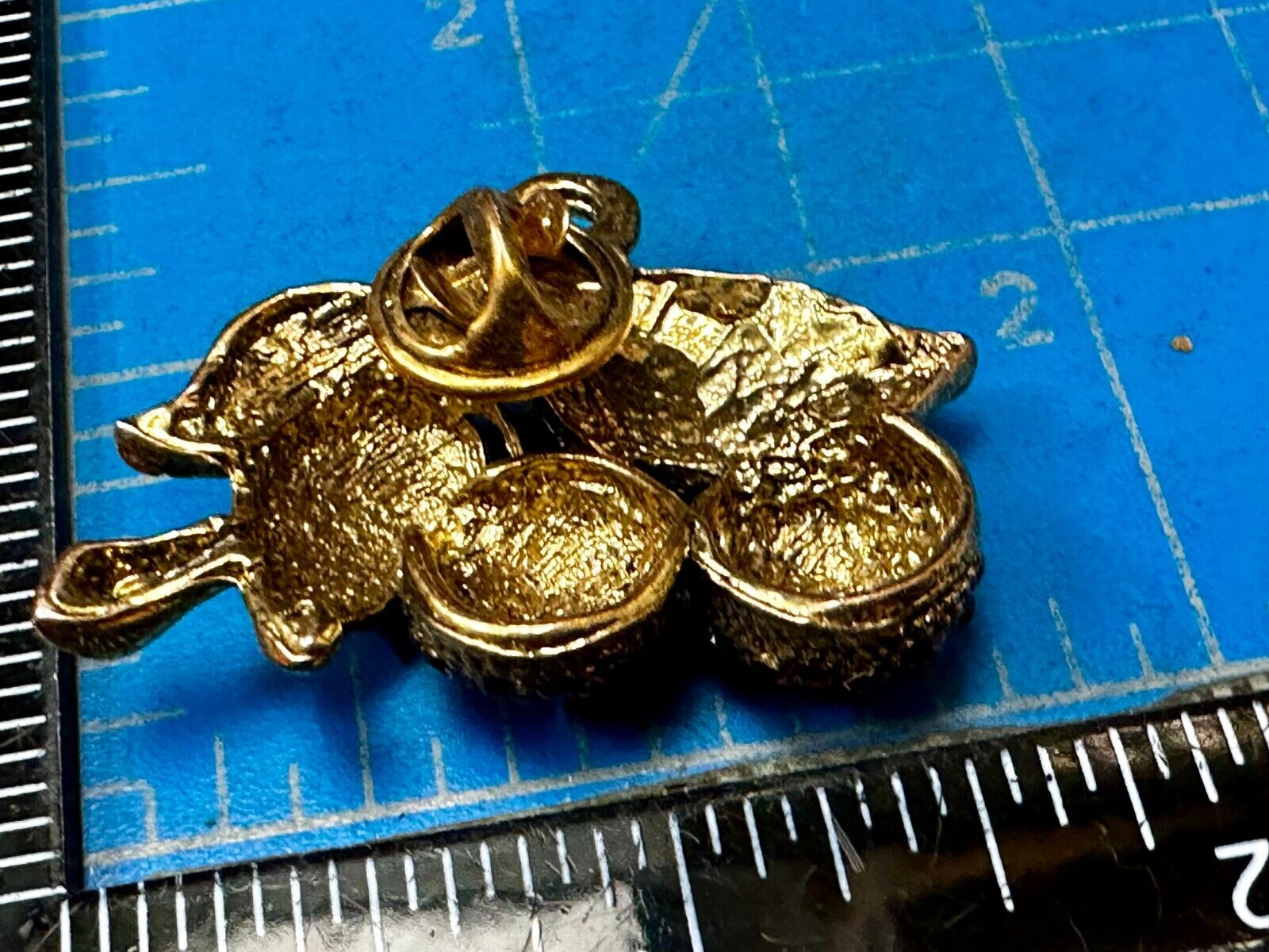 Two Cherries Cluster Fruits Vtg. Rhinestone Covered Figural Gold Tone Brooch Pin