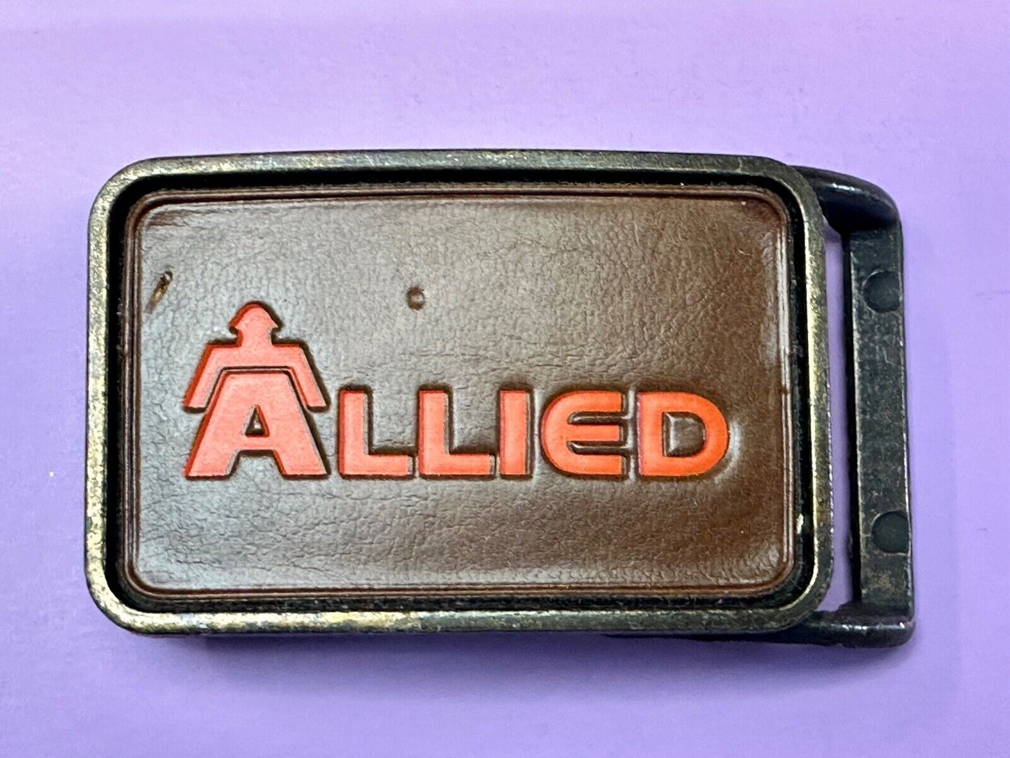 70's Allied Trucking Transportation Vintage leather Belt Buckle orange lettering