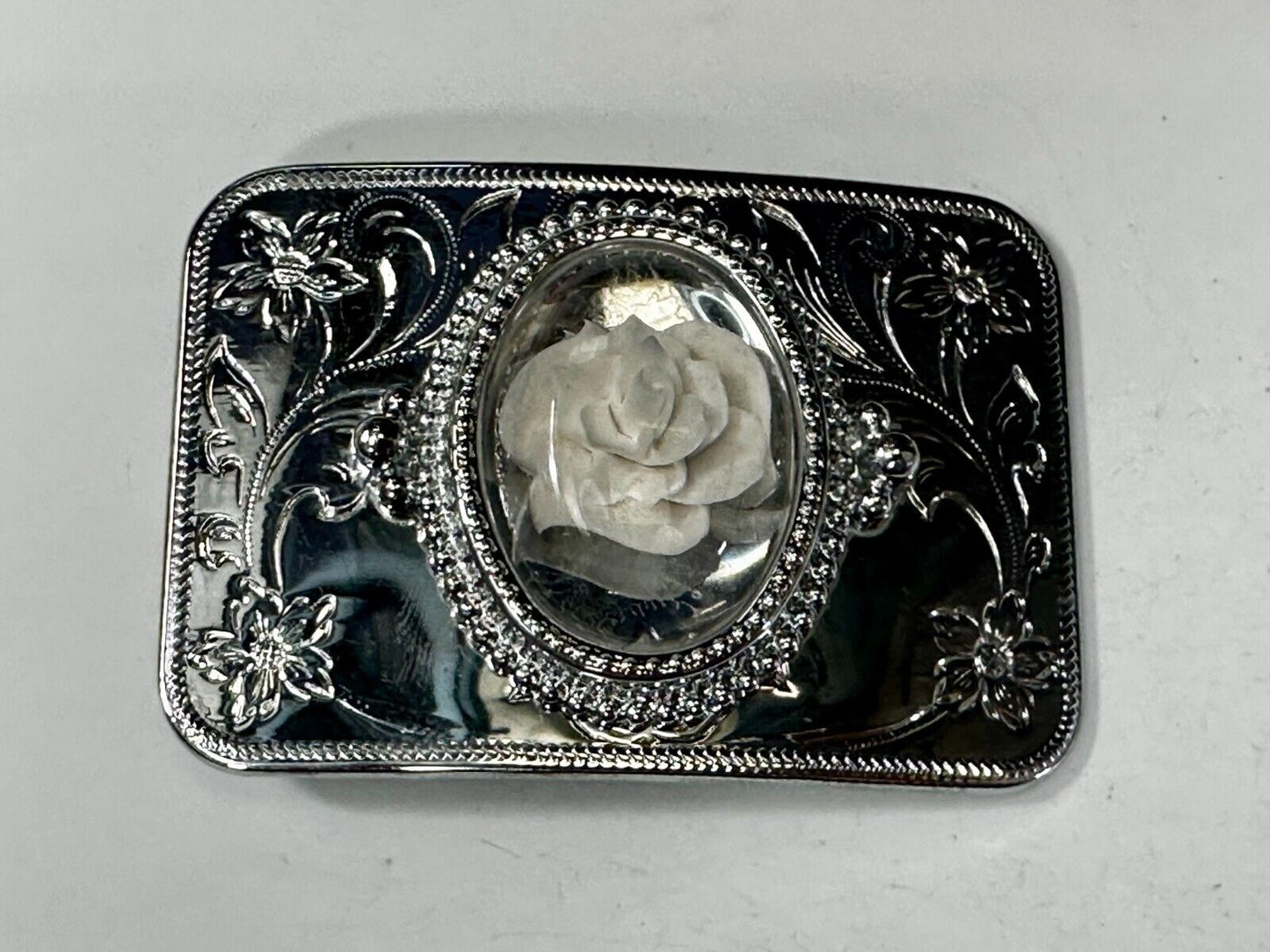 3D Flower Inside of Centerpiece Vintage Silver Tone Western Style Belt Buckle