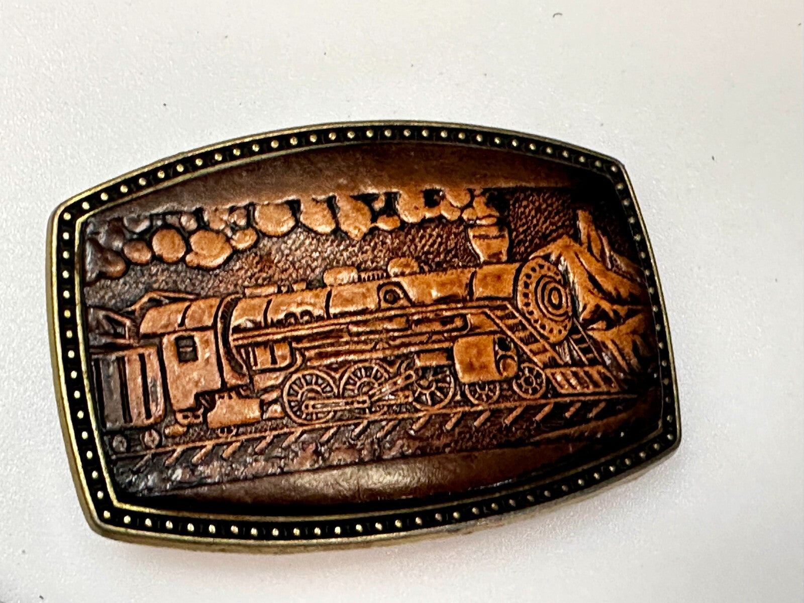 #4108 Train Locomotive Railroad Vtg. Leather on Metal Alumaline Belt Buckle
