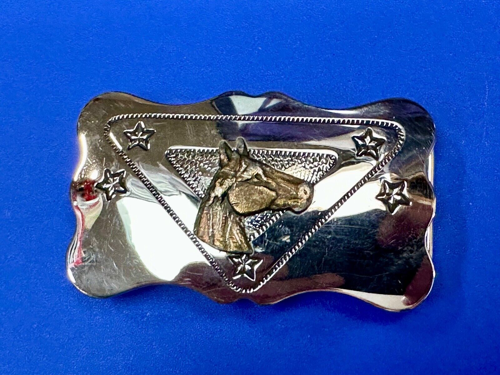 vintage horse head on reflective western silver tone rectangular belt buckle