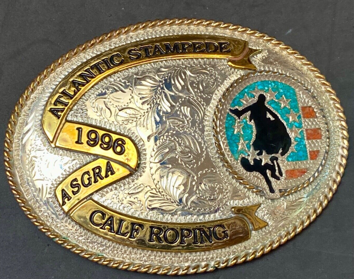1996 ASGRA Calf Roping Atlantic Stampede turquoise coral belt buckle  - JACKSON
