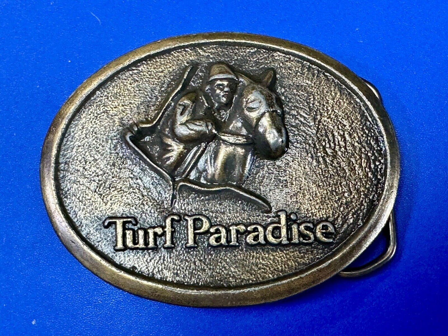 TURF PARADISE ARIZONA HORSE RACING TRACK VINTAGE BRASSTONE BELT BUCKLE