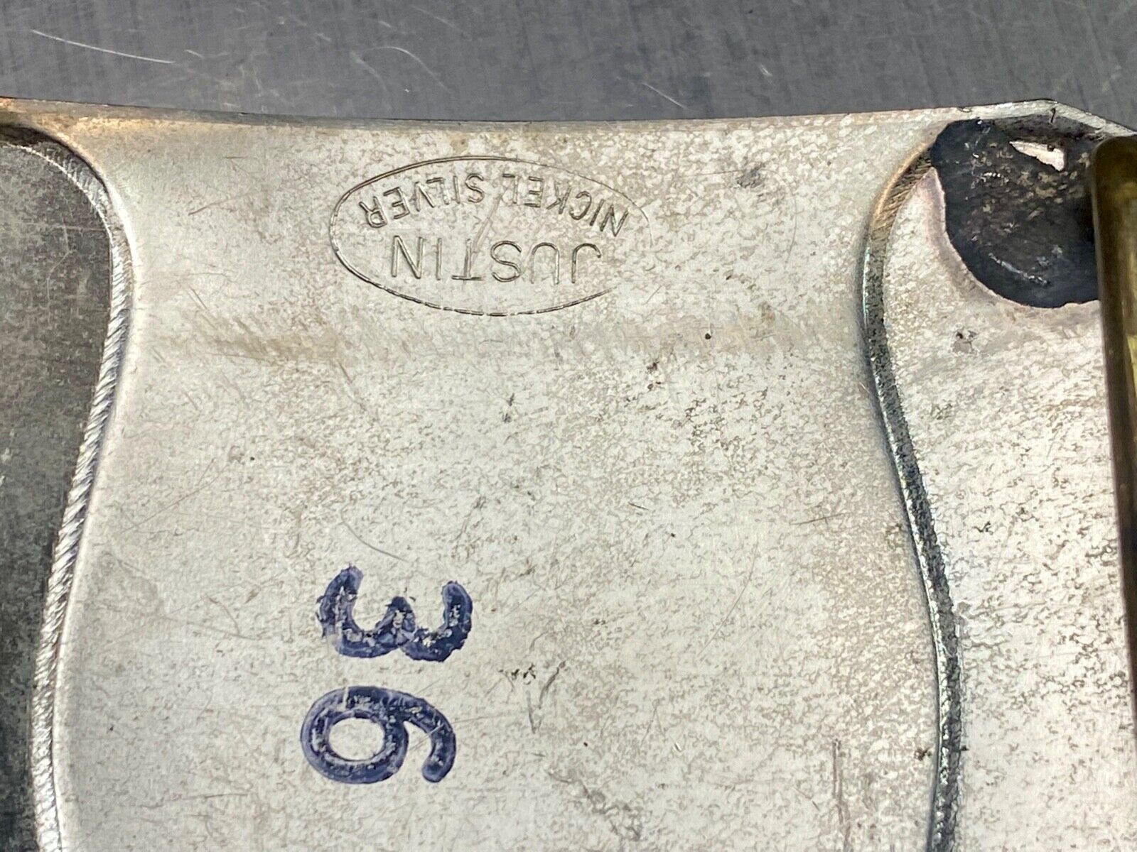 Vintage Justin Boot Co Maker Nickel Silver western belt buckle marked 36
