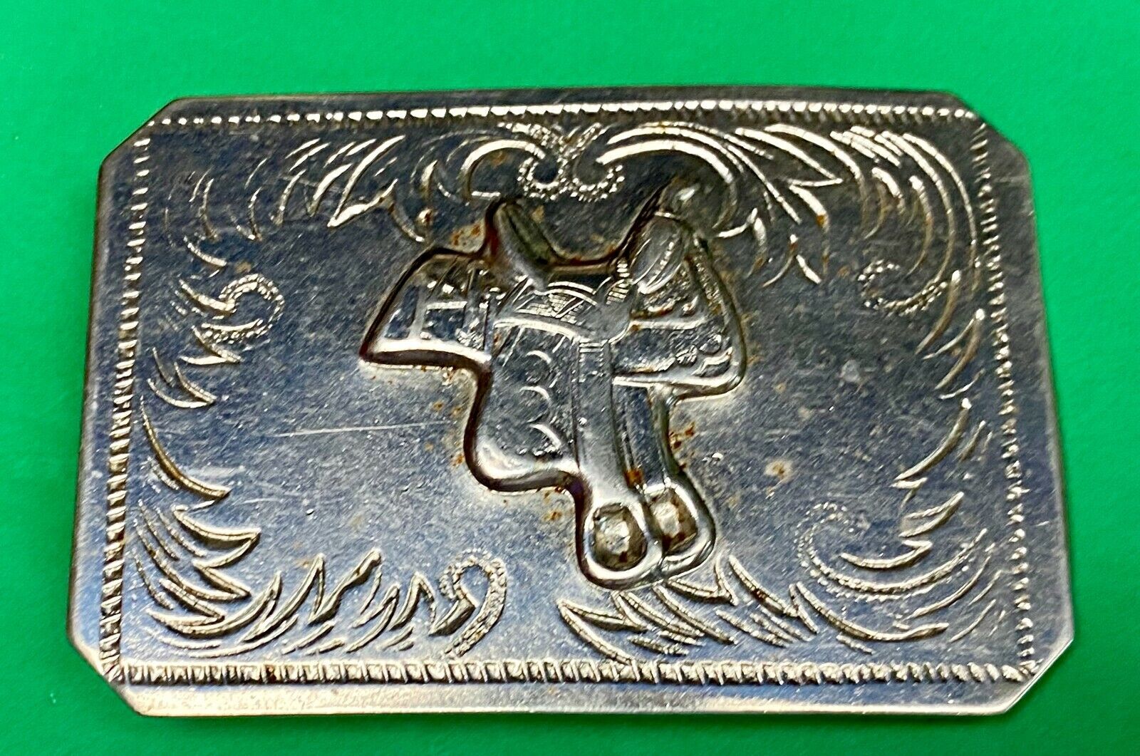 Vintage Horse Saddle Silver Tone Ornate Rectangular Belt Buckle