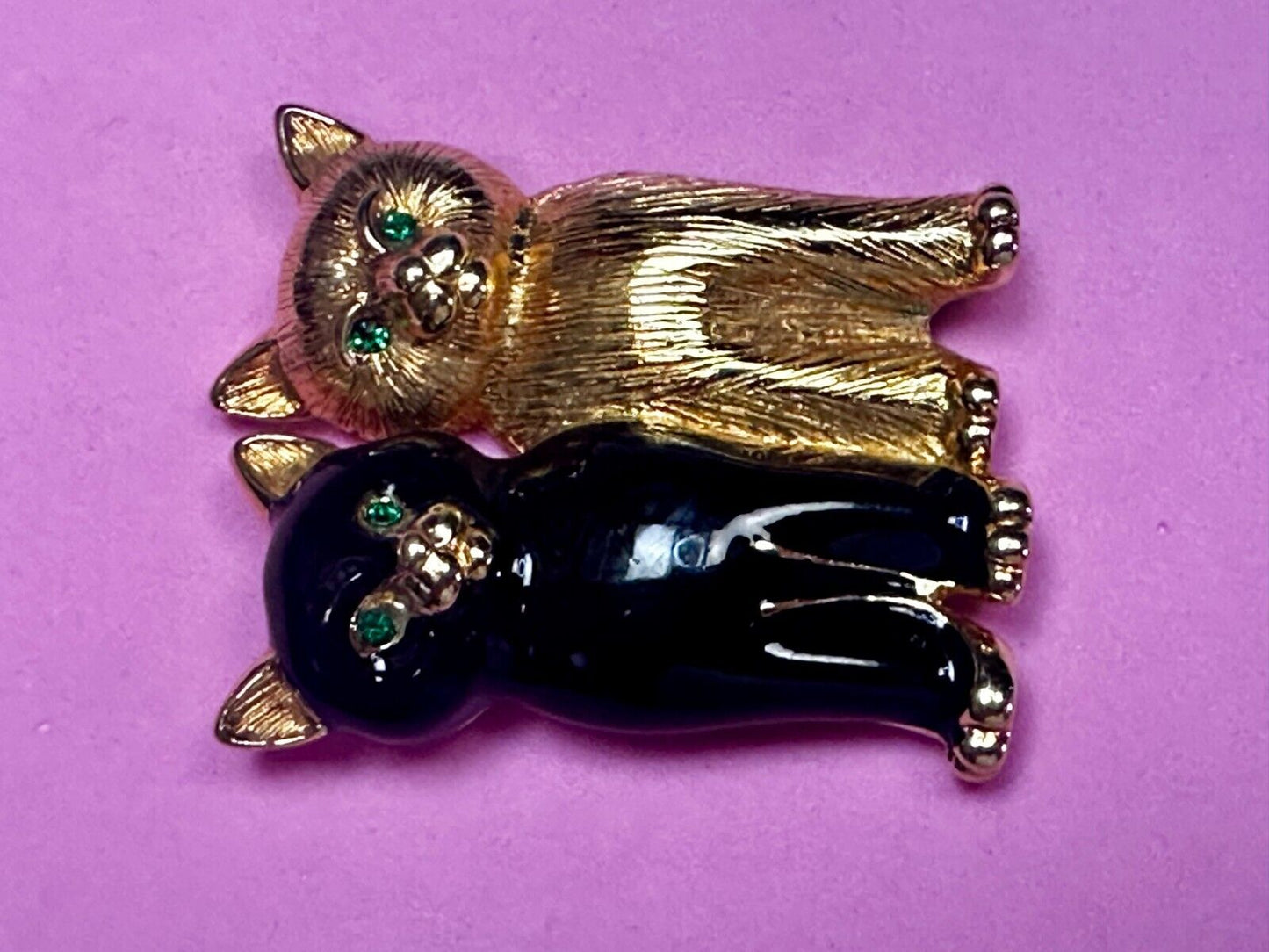 Two Sitting Cats Green Eyes, Black & Gold Kittens Brooch Pin Signed Swarovski