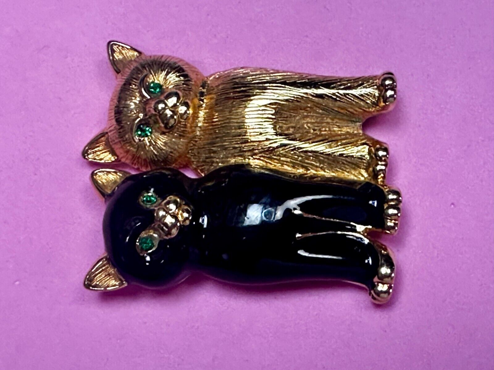 Two Sitting Cats Green Eyes, Black & Gold Kittens Brooch Pin Signed Swarovski
