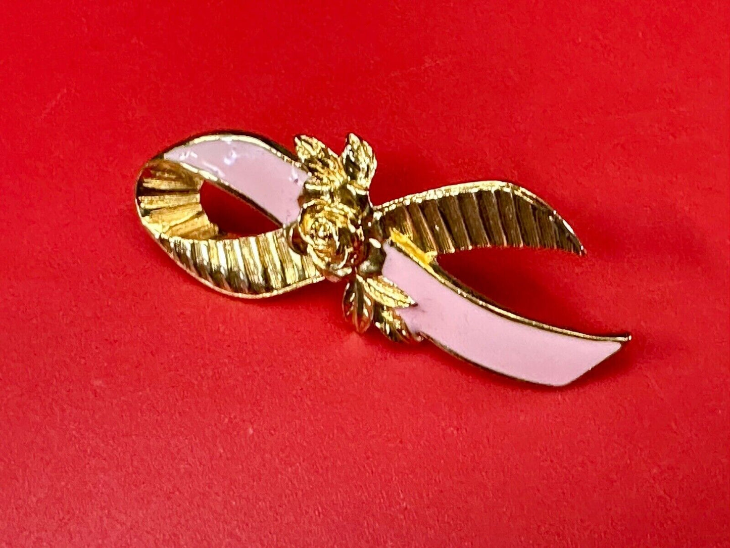 Avon Gold Tone Pink Enamel Ribbon Breast Cancer Awareness Brooch Pin 2"