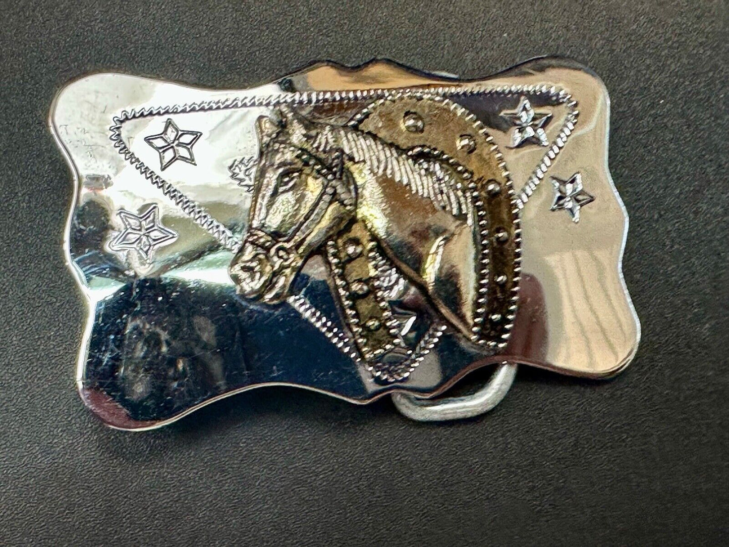 Vintage horse head through lucky horseshoe on reflective western belt buckle