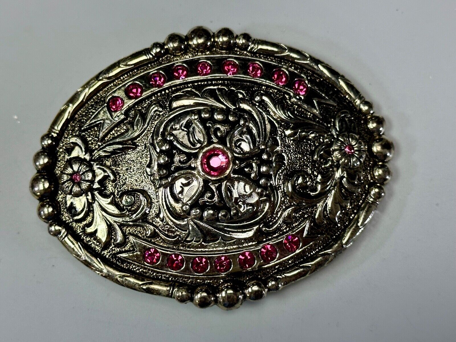 Authentic Silver plated pewter belt buckle with cowgirls girly pink rhinestones!