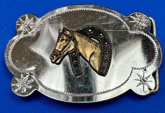 Vintage horse head in horseshoe cowboys cowgirls western belt buckle starbursts