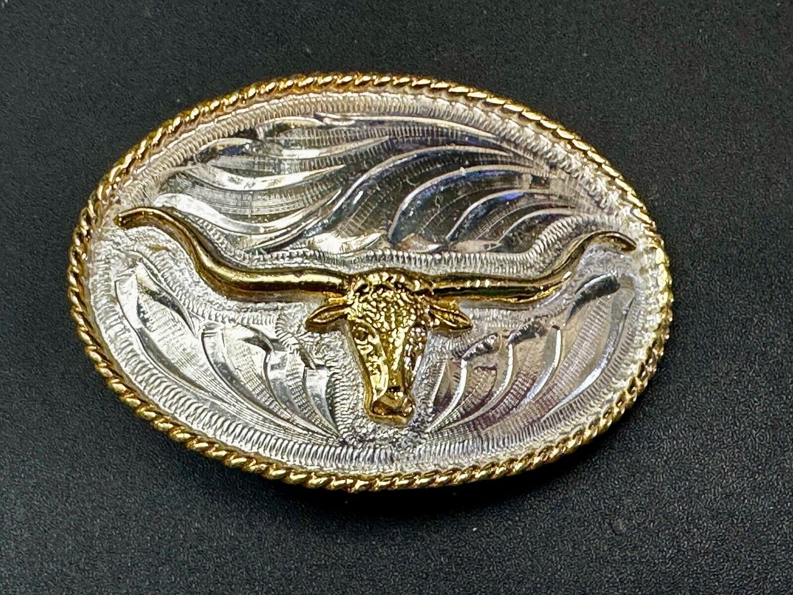 Beautiful Longhorn Western Cowboys Steer Vintage Two Tone Alpaca Mex Belt Buckle