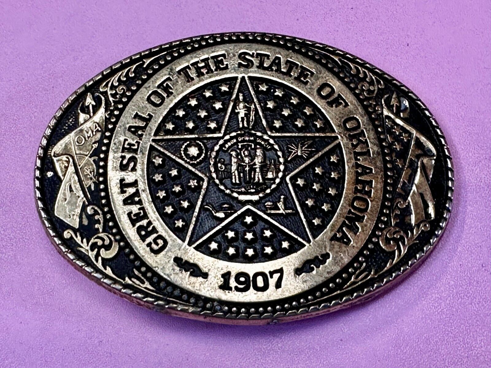 The Great Seal of Oklahoma 1907 Commemorative Vintage Belt Buckle