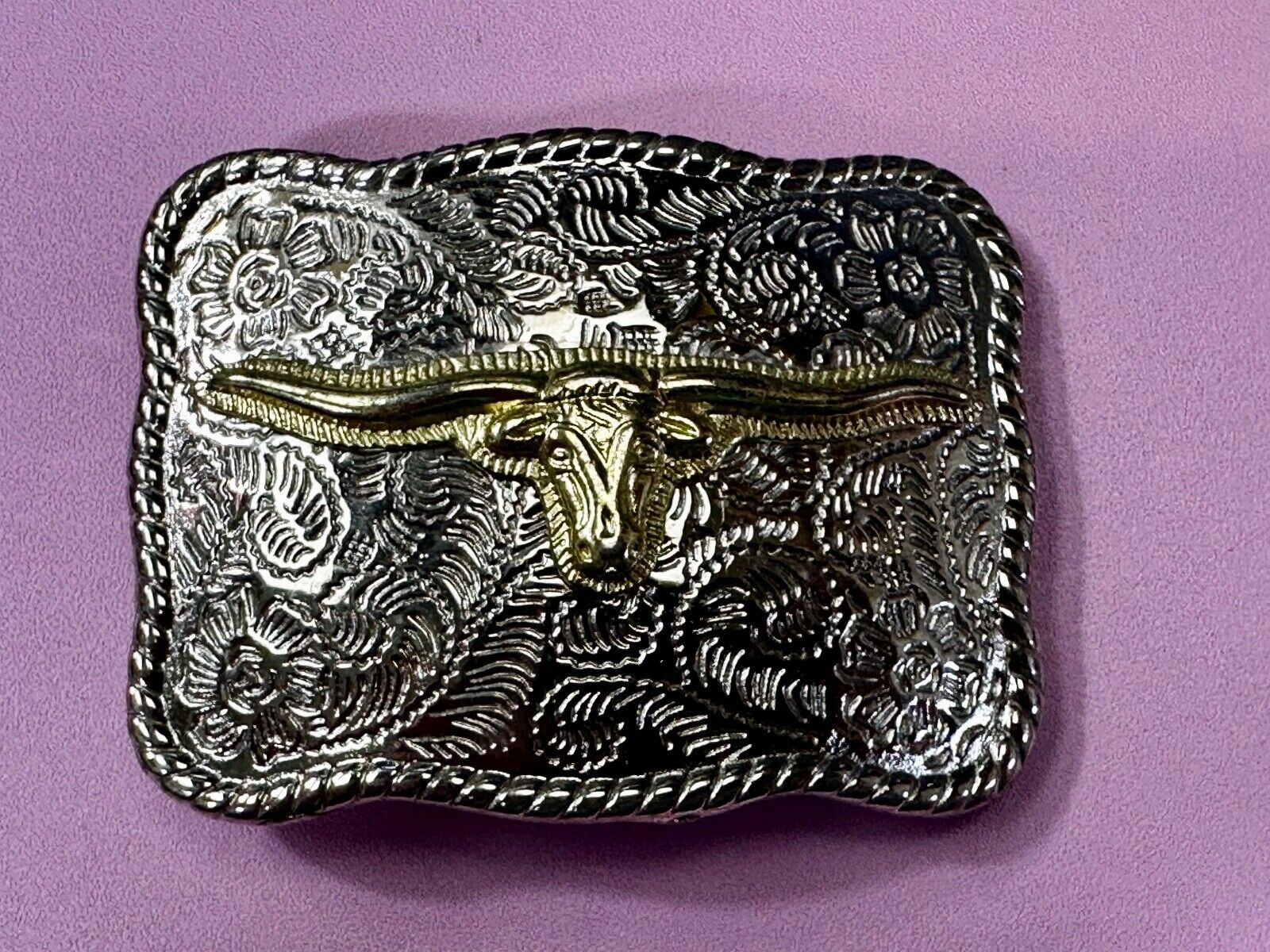 Texas Longhorn Rodeo Steer Bull Head Vintage Two Tone Small Cowgirls Belt Buckle