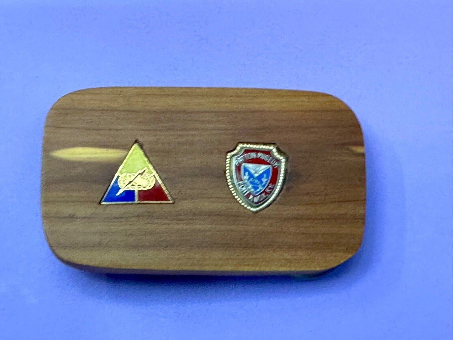Two pins Patton Museum Fort Knox KY Artisan Inlaid project to wooden Belt Buckle