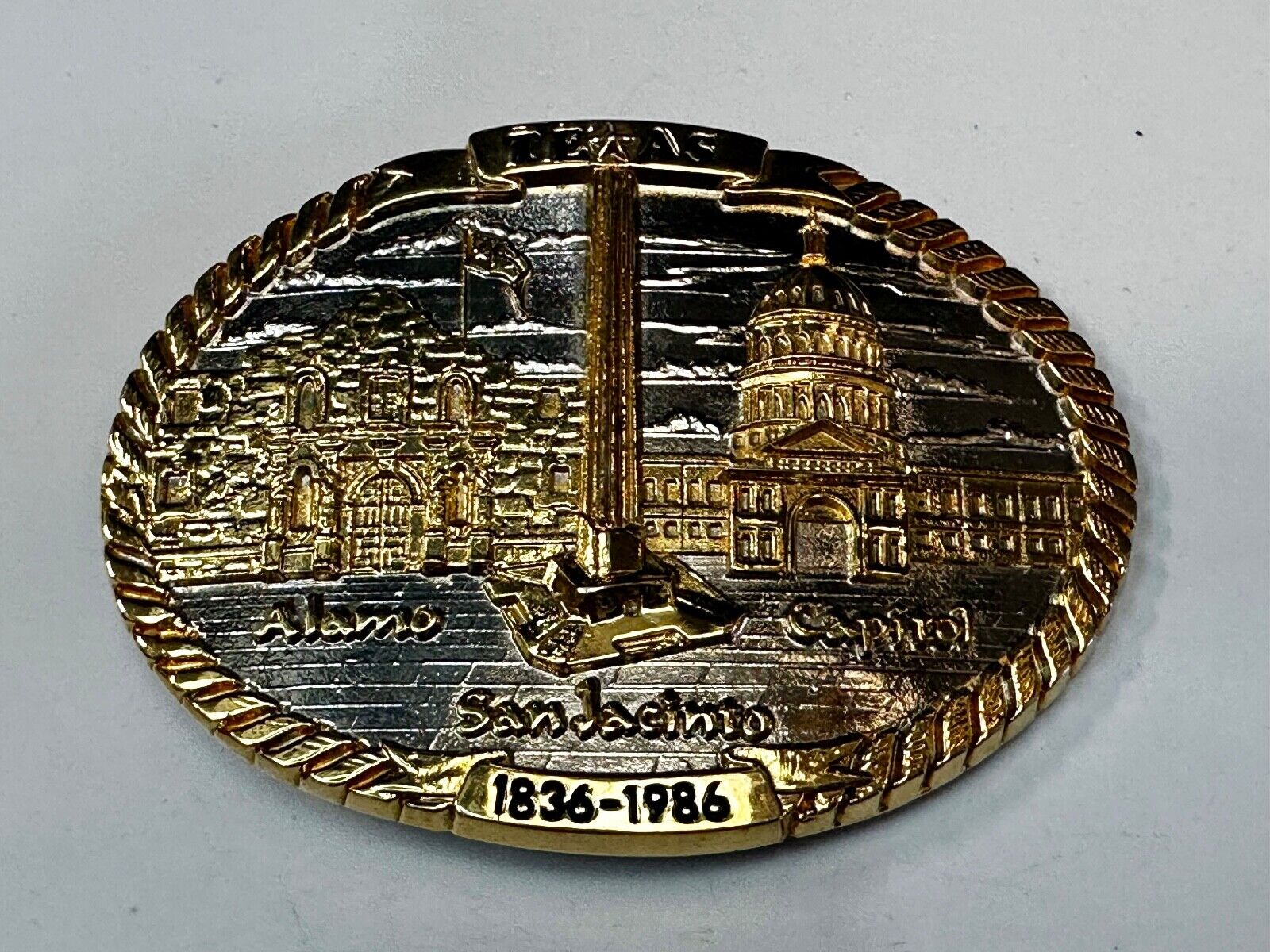 TEXAS SESQUICENTENNIAL ALAMO SAN JACINTO CAPITAL 1836-1986 TW Baker Belt Buckle