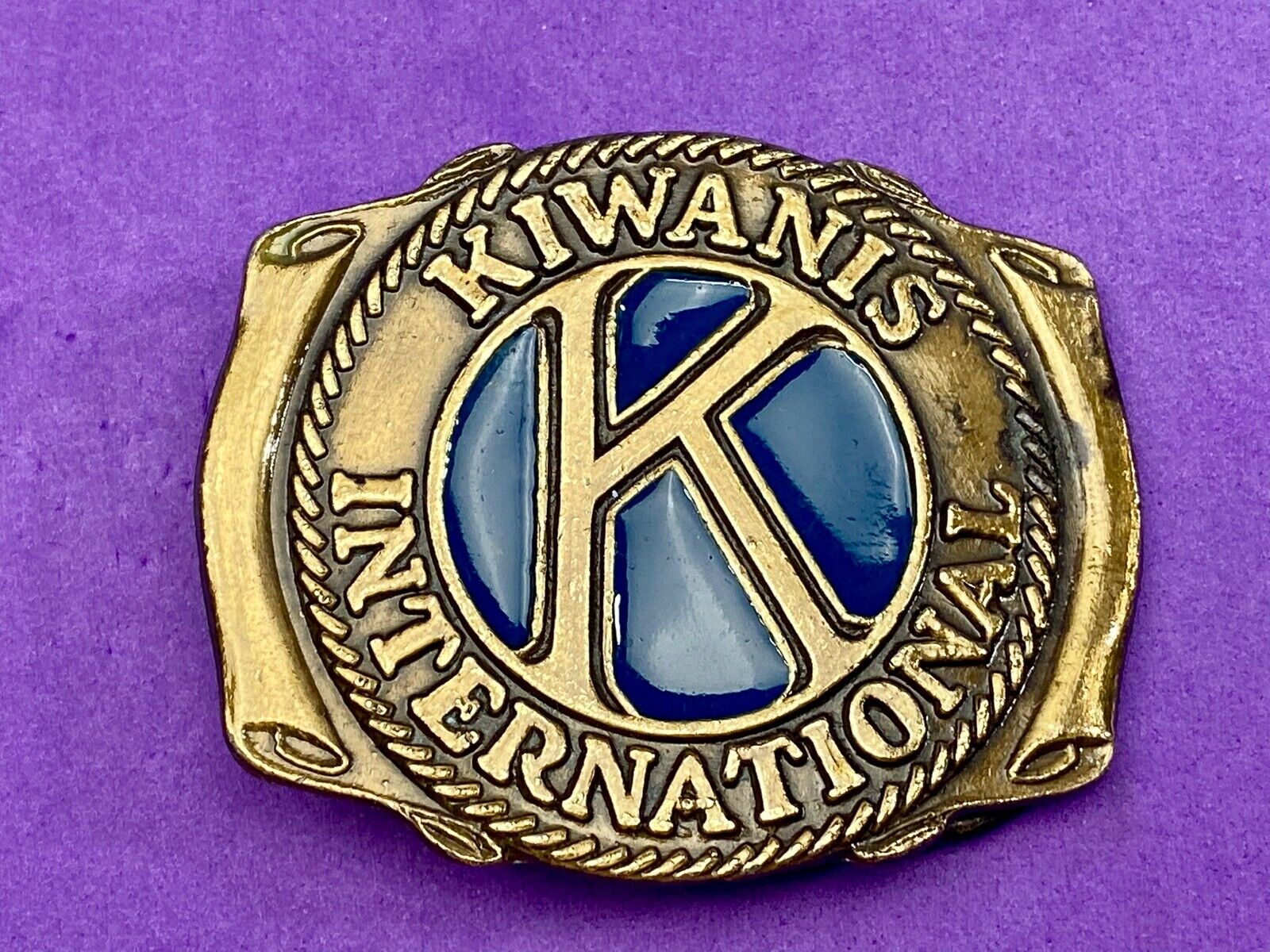 Vintage Kiwanis Club international blue enamel cut out belt buckle 