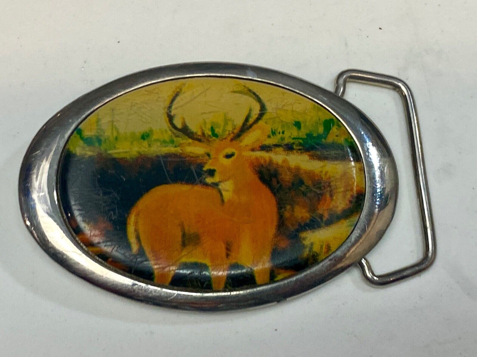 Vintage 1987 PICTURE OF DEER IN NATURE - HUGE RACK! Solid Brass TN belt buckle 