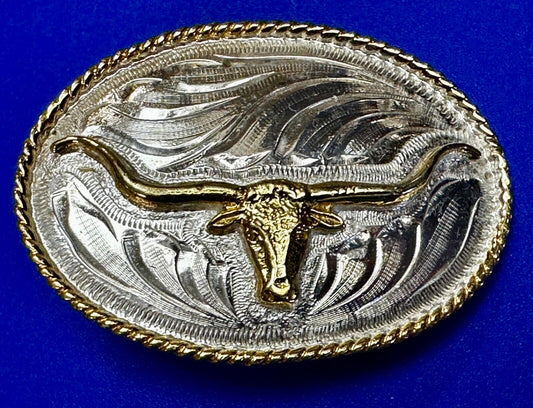 Beautiful Longhorn Western Cowboys Steer Vintage Two Tone Alpaca Mex Belt Buckle