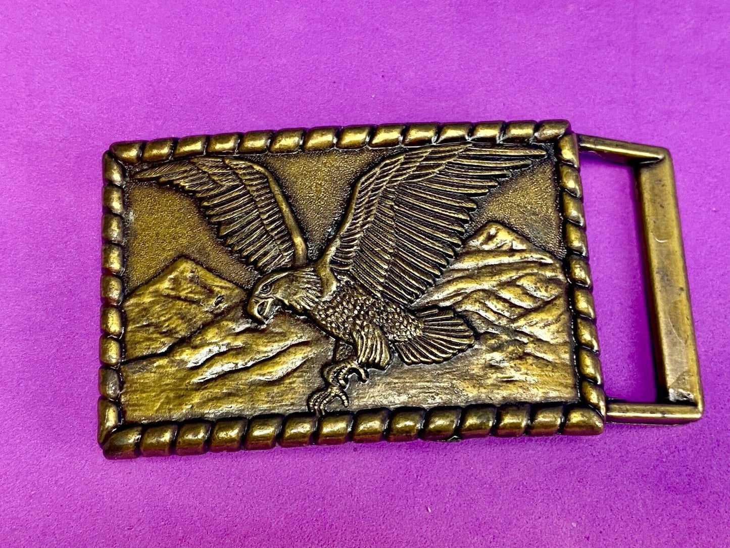 Vintage flying, hunting, fishing American eagle belt buckle with western boarder