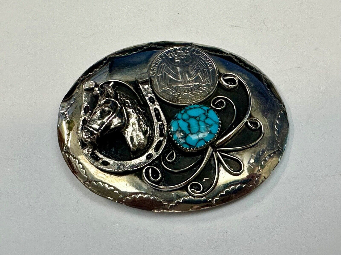 Turquoise Stone Horse Head & Shoe, Quarter Coin Southwestern belt buckle