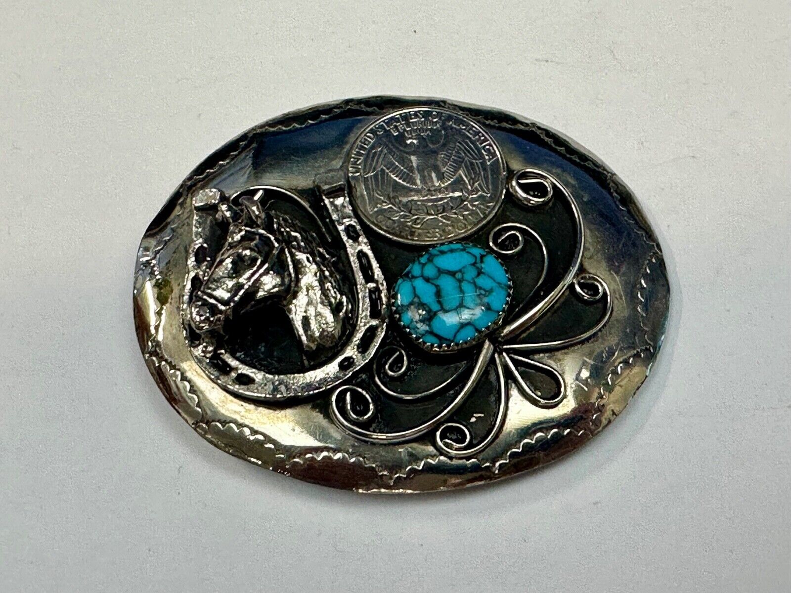 Turquoise Stone Horse Head & Shoe, Quarter Coin Southwestern belt buckle