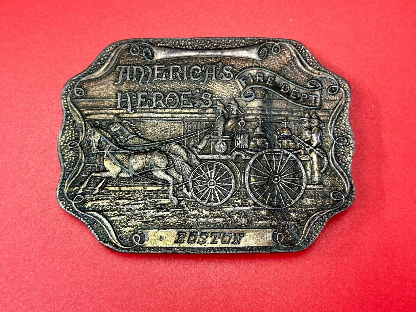 America's Heroes Fire Dept Boston Brass Tone Belt Buckle Horse Wagon