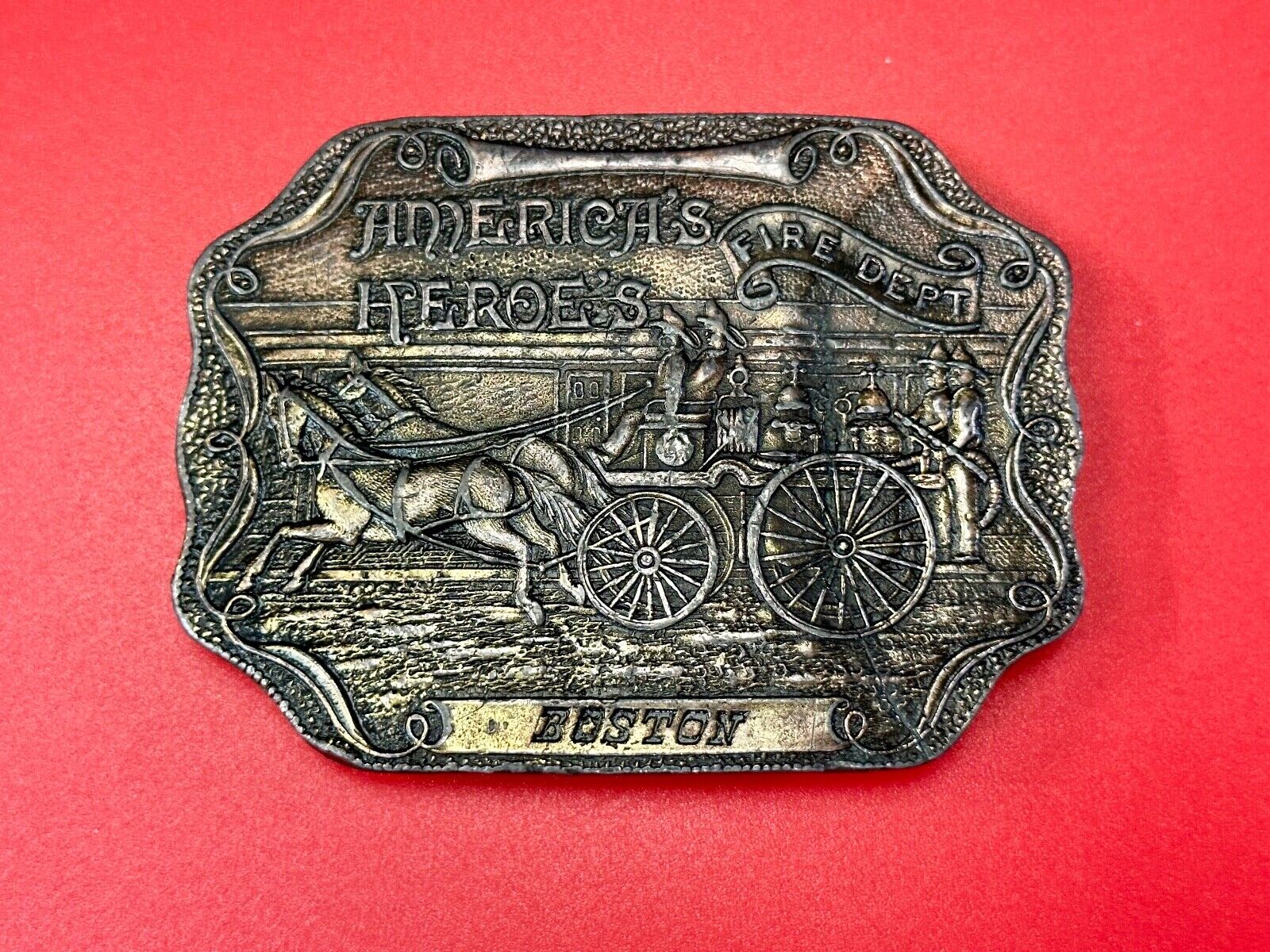 America's Heroes Fire Dept Boston Brass Tone Belt Buckle Horse Wagon