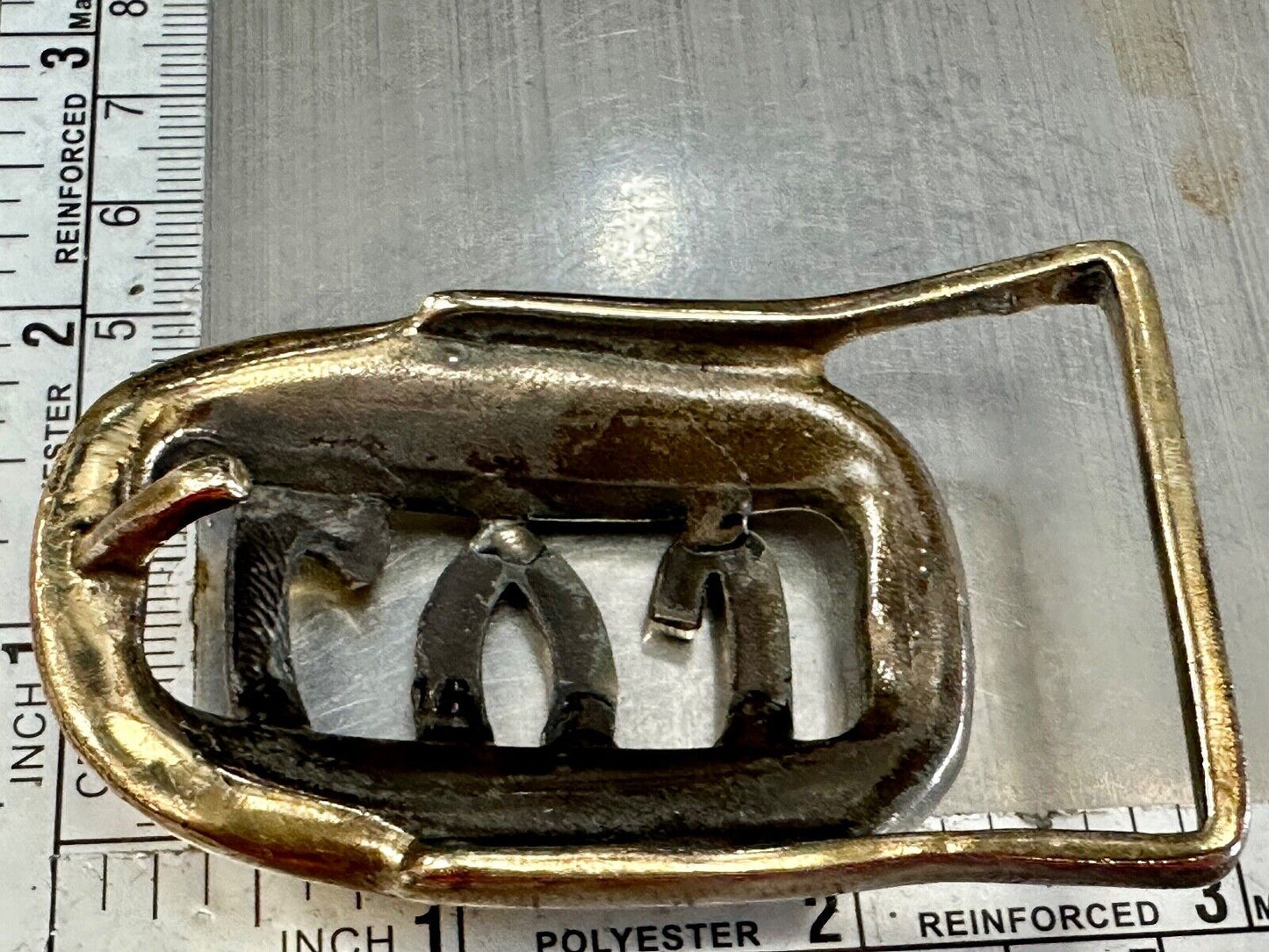 Vintage LVJ LUJ gold tone block letters cutout belt buckle