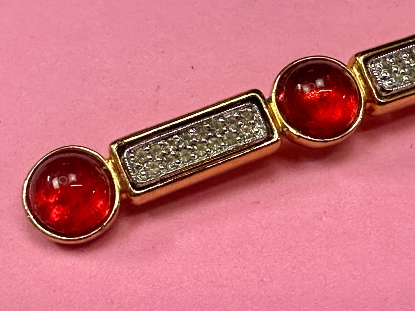 Three Red Round Glass? Vintage Gold Tone Bar Brooch Pin Signed by Ben-Amun
